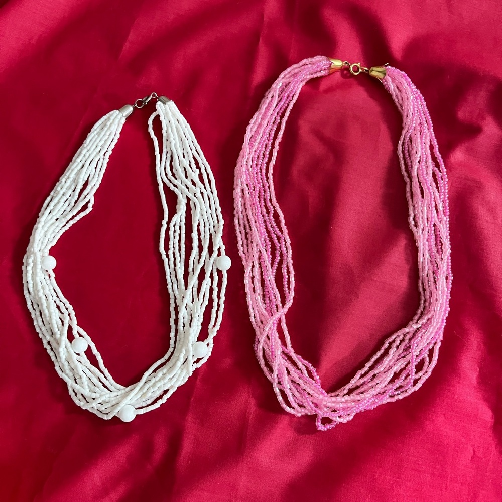 A set of multi-strand Beaded Necklaces - Pure White and Pink Sparkle beads
